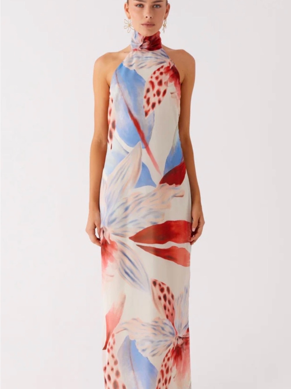 Peppermayo Cream Maxi Halter Dress with Red & Blue Floral Print